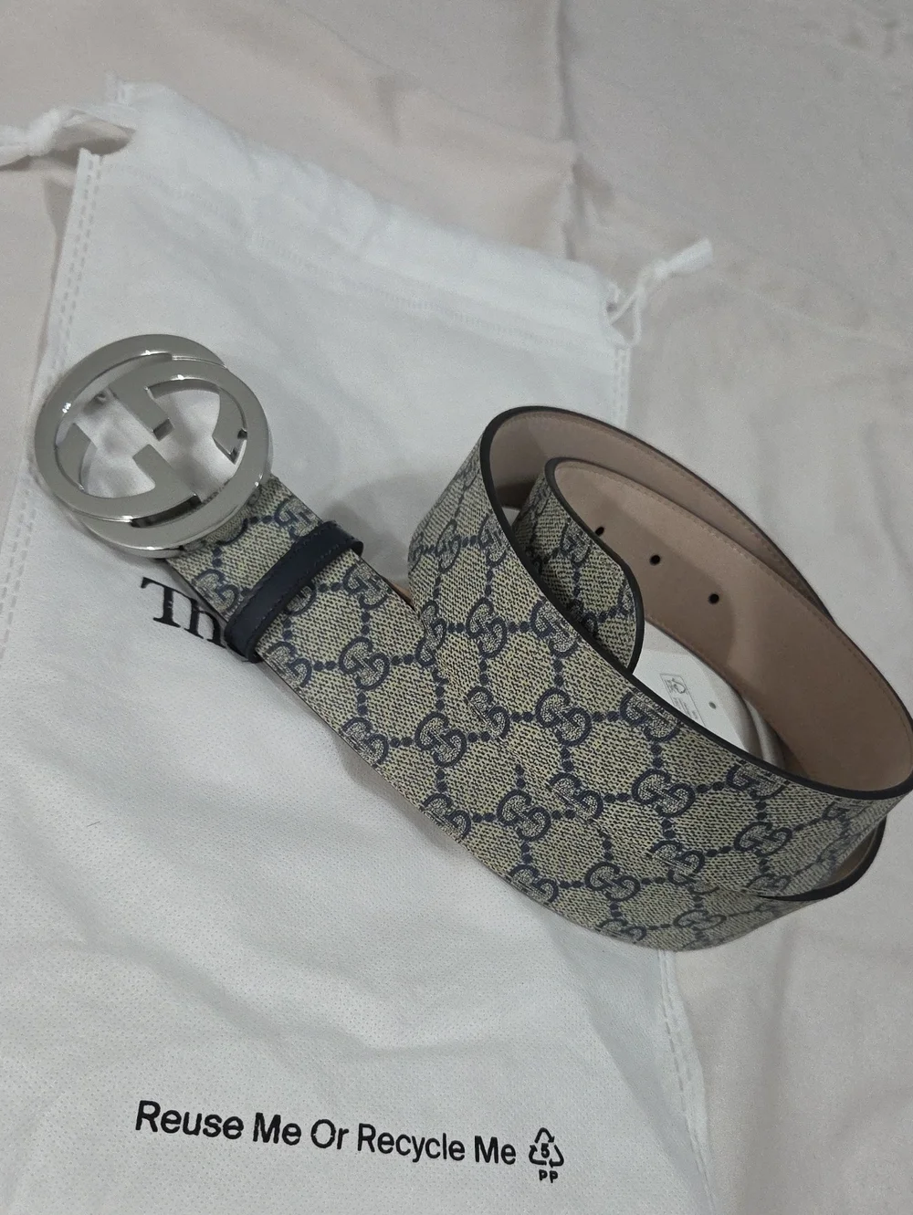 Gucci GG Supreme Monogram Belt with Silver Double G Buckle Beige/Navy